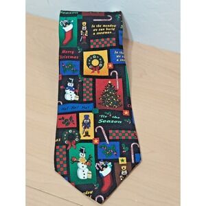 RM Holidays Christmas "Collage" Tie Black Silk Snowmen Stockings Trees